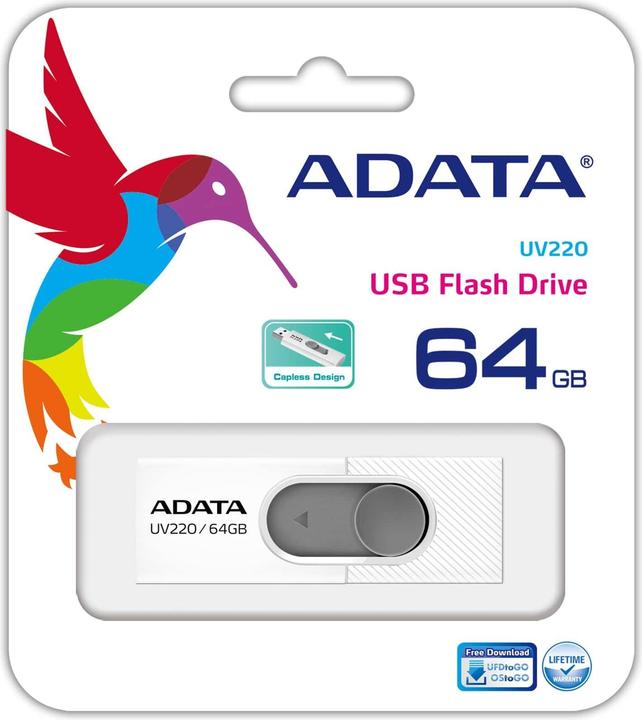 Actual product image Adata USB 2.0 Stick UV220 64GB White/Gray (64 GB, USB-A)