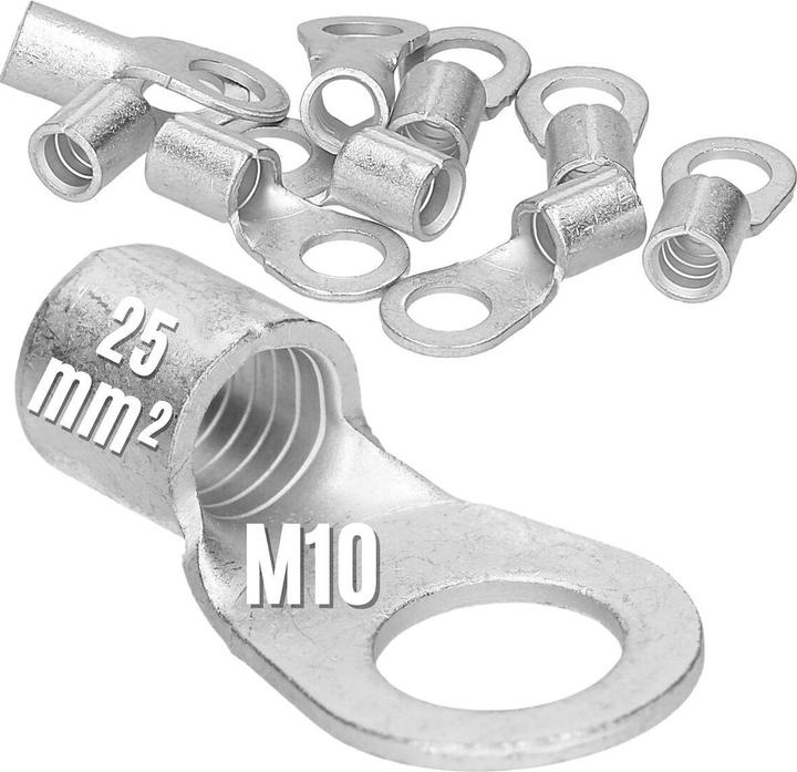 Kalitec 10 Stück Q25-10 Quetschkabelschuh 25mm² M10 I Unisoliert I Dornpressung I Für mehr-, fein- u