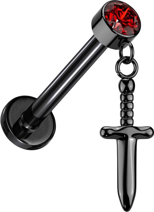 Image du produit Star Piercing Micro Labret Filetage intérieur noir Cylindre noir Cristal rouge Pendentif Dague noir (sans laiton, Titane)