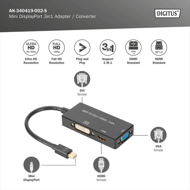 Produktbild Digitus Mini DP 3in1 conv. cable,0,2m (DVI, HDMI, Mini DP, 28.50 cm)