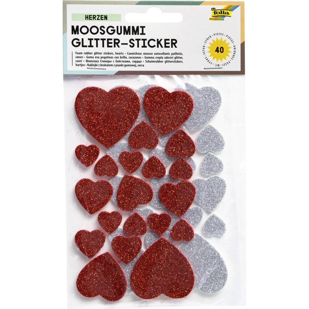 Folia, Sticker, Moosgummi Glitter-Sticker Herzen 40-tlg.