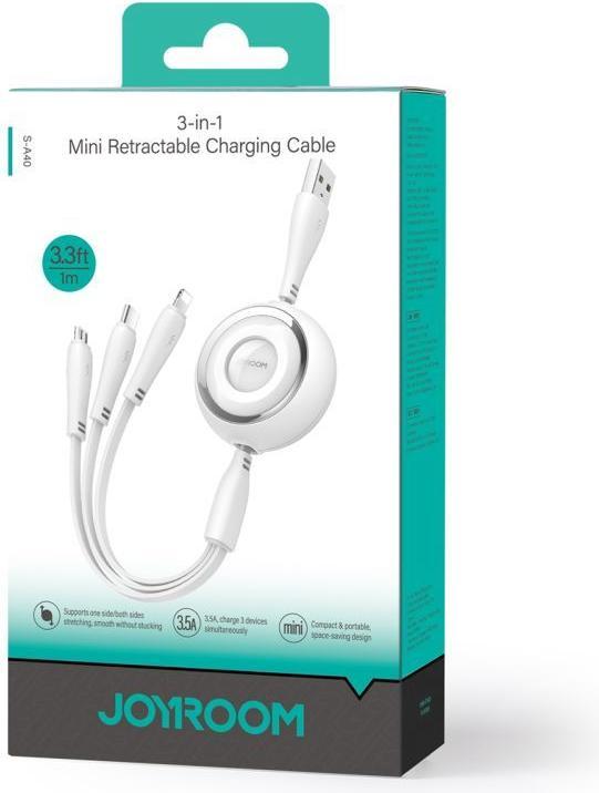 Actual product image Joyroom S-A40 Colorful Series 3in1 retractable cable USB-A to USB-C / Lightning / microUSB 1m - whit (1 m)