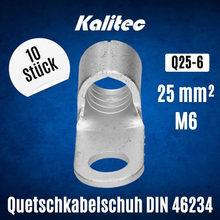 Produktbild Kalitec 10 Stück Q25-6 Quetschkabelschuh 25mm² M6 I Unisoliert I Dornpressung I Für mehr-, fein- und
