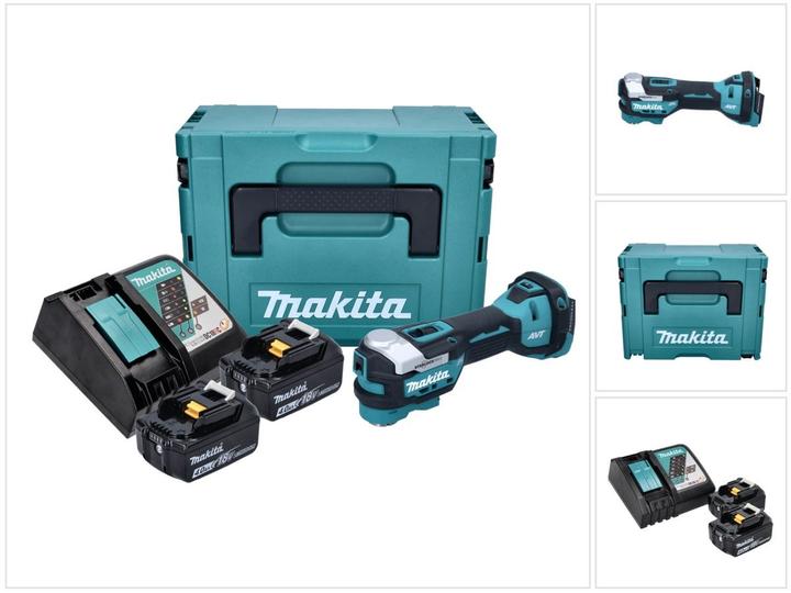 1x Makita DTM 52 cordless multifunction tool, 2x Makita BL 1840 B 18 V 4.0 Ah battery, 1x Makita DC 18 RC battery charger 18 V, 1x Makita Makpac, 1x universal inlay