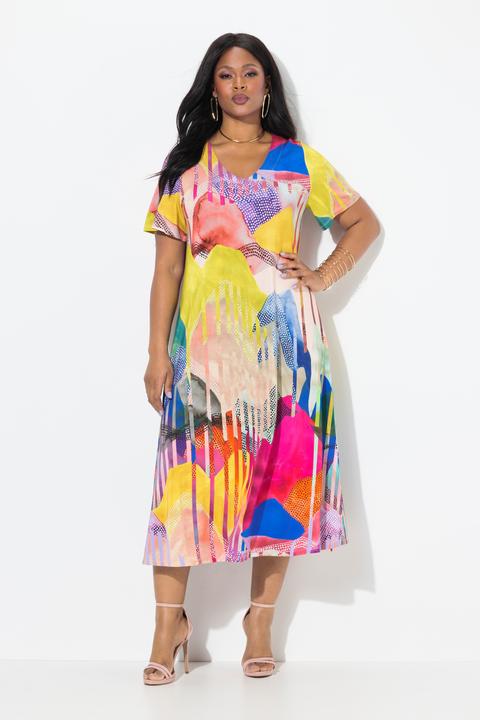 Produktbild Ulla Popken Midi-Slinkykleid, A-Linie, V-Ausschnitt, Flügel-Halbarm (50, 52)
