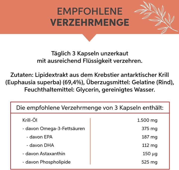 Nährwerte und Zutaten Eltabia Krillöl Kapseln | Premium Krill Öl Reich an Astaxanthin, Omega 3,6 und 9 Fettsäuren (1 Stück, Kapseln)