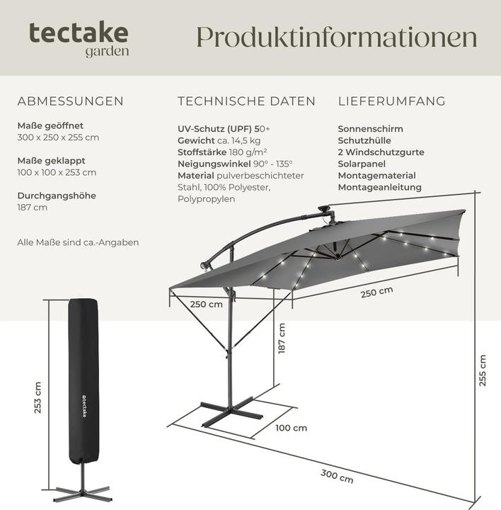 Produktbild tectake Sonnenschirm Sunna LED-Solar mit Kurbel 2,5 x 2,5 m (2.50 m)