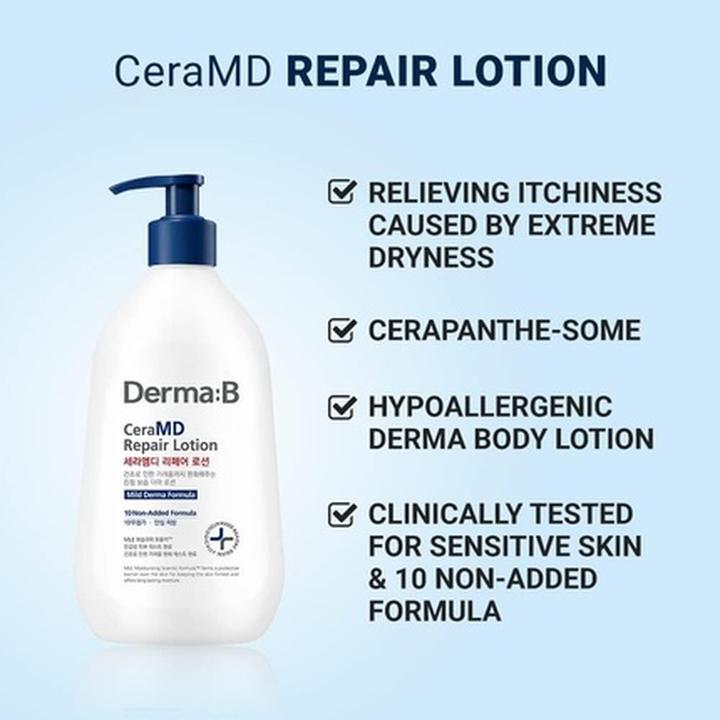 Actual product image Derma:B Derma B CeraMD Repair Lotion Unscented Ceramide Panthenol Body Moisturizer 13.52 Fl. Oz. 400ml (Body lotion, 400 ml)