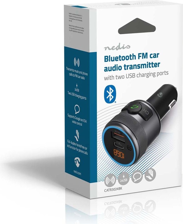 Actual product image Nedis Car Audio FM Transmitter - Fixed - Hands-free - 1" - Amber Screen - Bluetooth - PD 18 W/PD 2