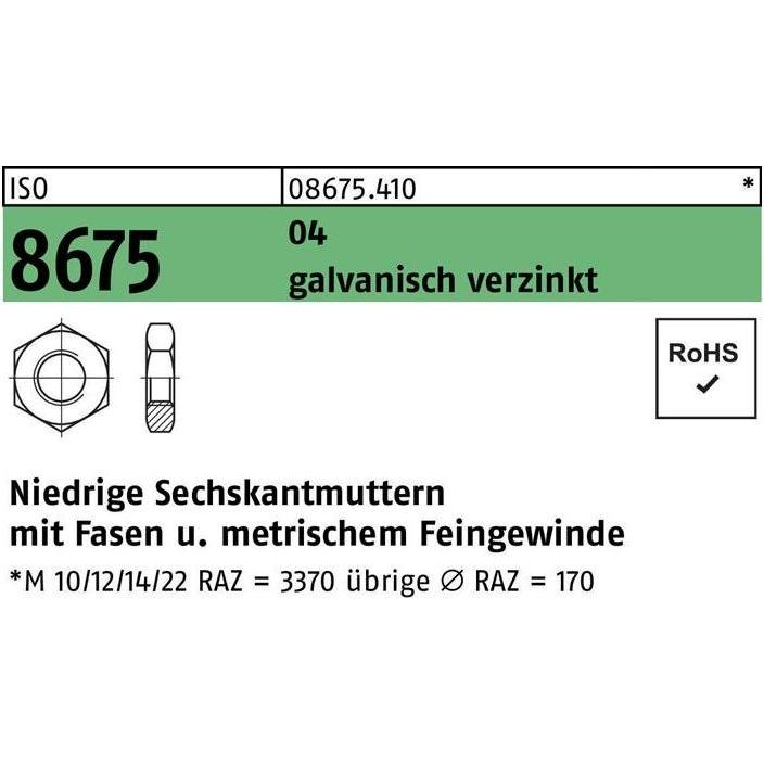 Muttern + Unterlegscheiben, Sechskantmutter DIN 439 Form B BM 16 x 1 Automatenstahl galvanisch verzinkt (M16)