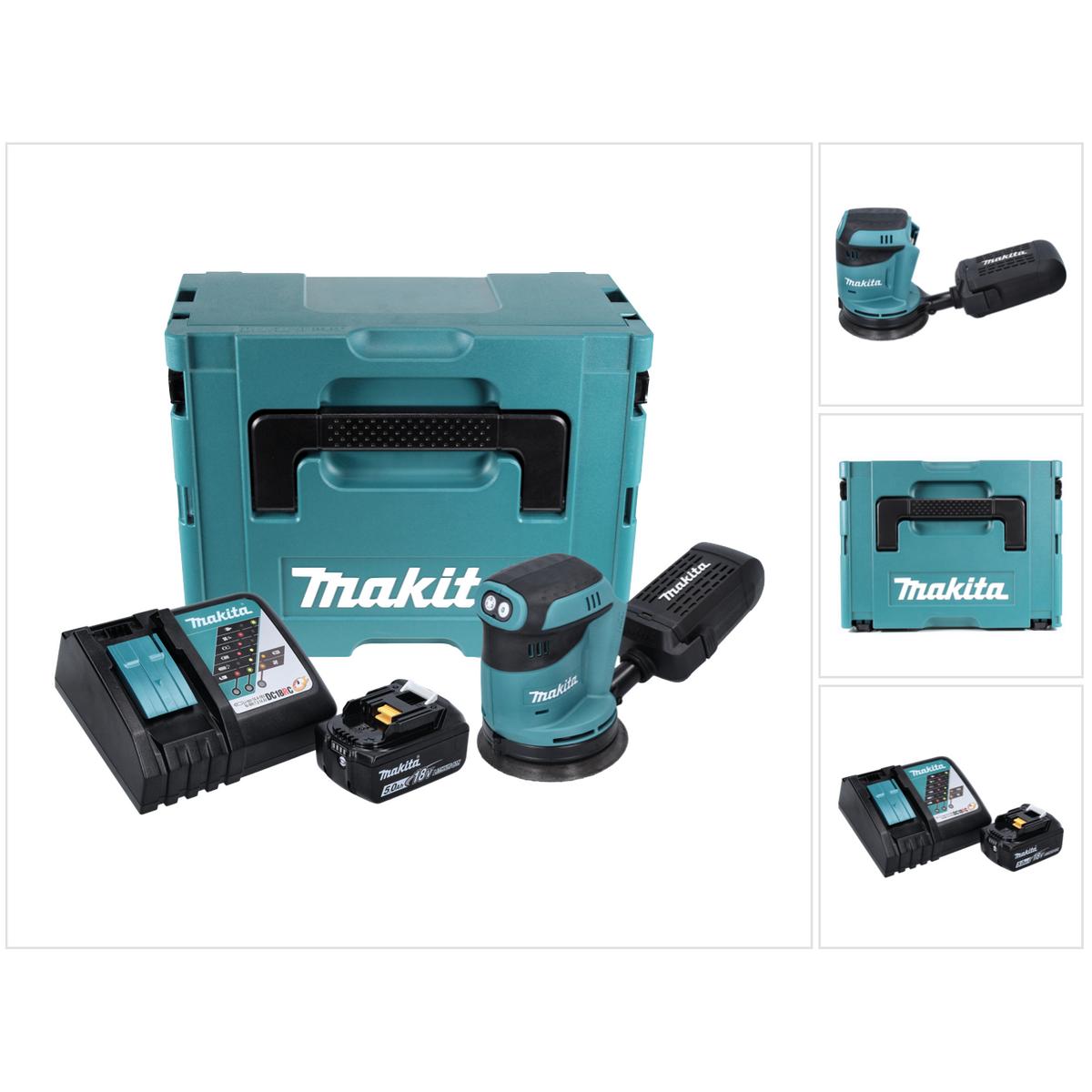 Makita, Schleifmaschine + Poliermaschine, DBO 180 RT1J 18 V Akku Exzenterschleifer + 1x Akku 5,0Ah + Ladegerät + Makpac ...