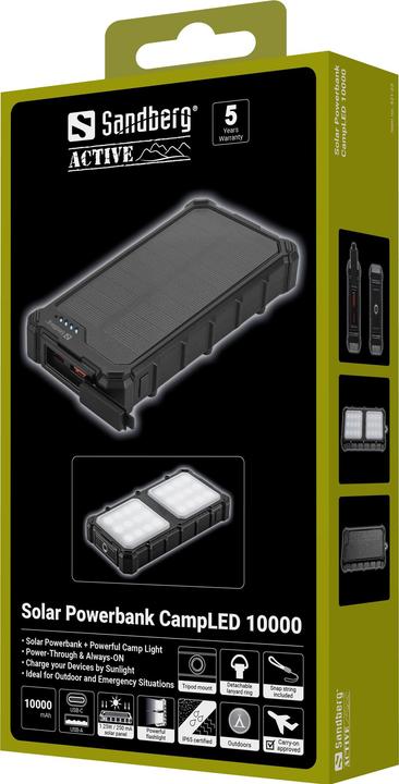 Image du produit Sandberg Solar Powerbank CampLED 10000 (10000 mAh, 15 W, 37 Wh)