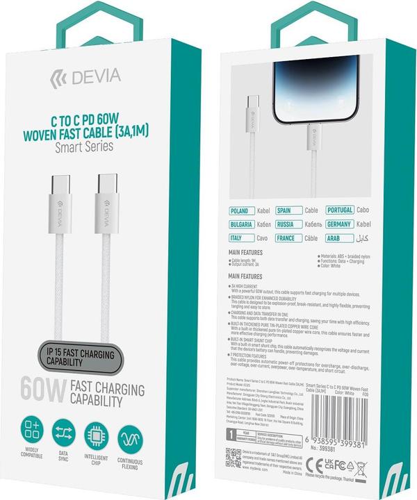 Actual product image Devia cable Smart PD USB-C - USB-C 1,0 m 60W 3A white (1 m, USB 3.0, 60 W)