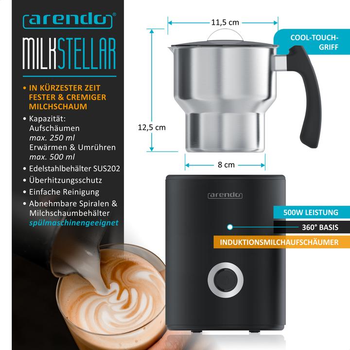 Produktbild Arendo Milchaufschäumer 3in1 Induktion, warm & kalt Schaum, 400 ml, Edelstahl, Latte Art, Milk, 500 W (500 ml)