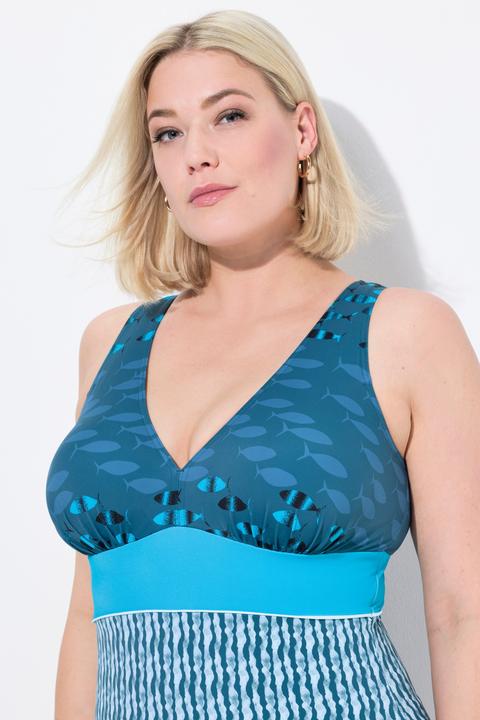 Image du produit Ulla Popken Maillot de bain à bonnets souples, motif poissons et décolleté en V, matière recyclée (42)