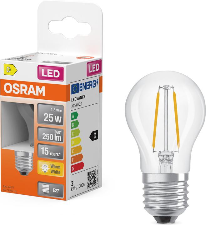Produktbild Osram LED Leuchtmittel Retrofit CLASSIC P 25 CL 18. W/2700 K E27 (E27, 1.80 W, 250 lm, 1 x, D)