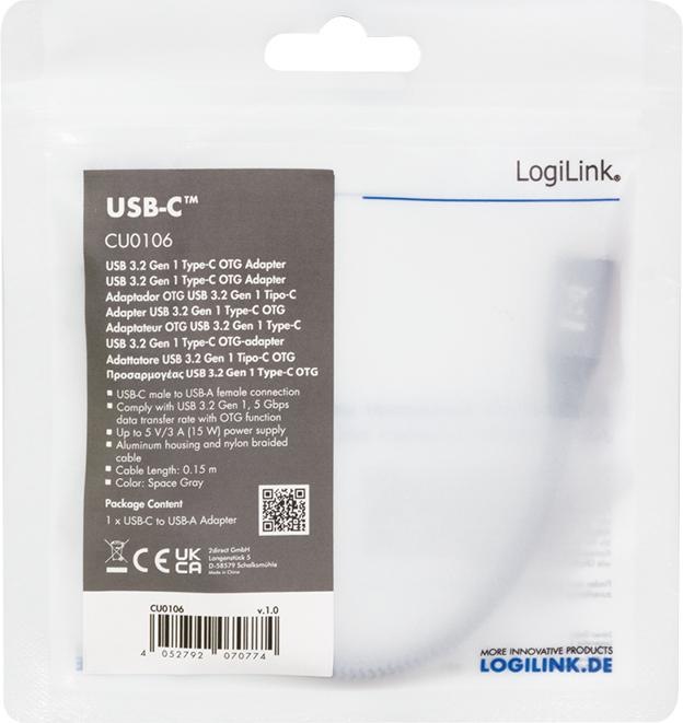 Productafbeelding LogiLink KAB Adapter USB-C > USB-A (ST-BU) 0,15m Donkergrijs (0.15 m, USB 3.2 Gen 1)