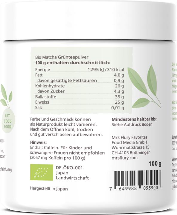 Valeurs nutritives et ingrédients Mrs Flury Poudre de Matcha bio (100 g)
