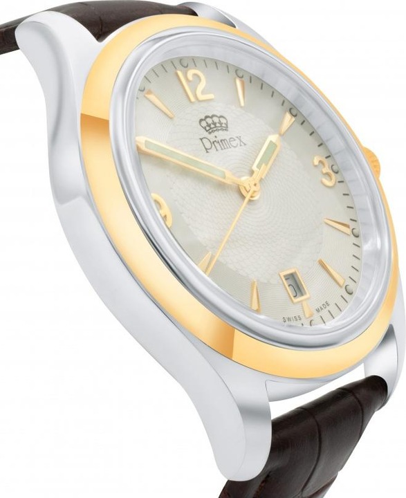 Produktbild Primex Montre Swiss Made - Bracelet Cuir Brun - Cadran Bicolore Blanc - Etanche 50 M (Analoguhr, 25 mm)