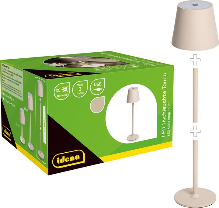 Produktbild Idena LED Tischleuchte Touch Metall beige 11x24/38cm Akku USB dimmbar 3 Modi Innen und Aussen