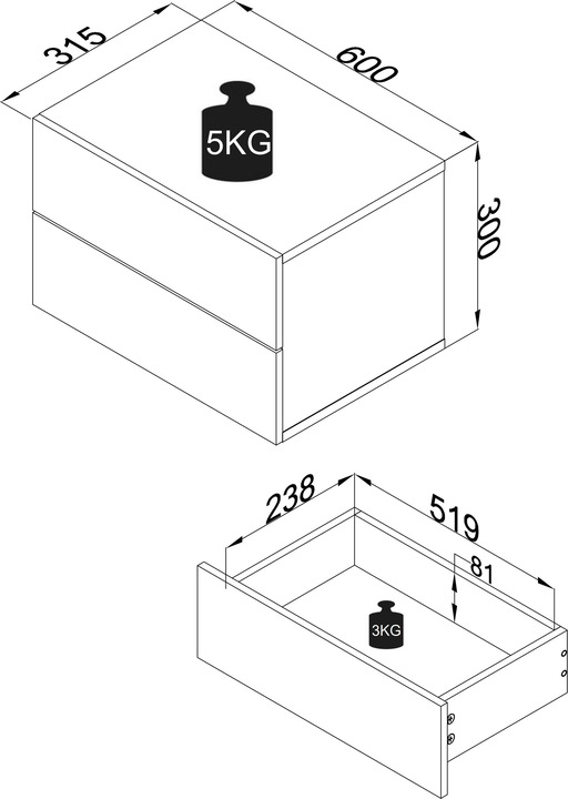 Immagine prodotto VCM Comodino con cassetto a muro in legno Comodino con cassetto a muro Consolle da letto Usal L 60 cm (60 x 32 x 32 cm)