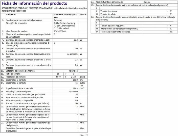 Nährwerte und Zutaten Samsung TQ65Q60DAU (65", Q60D, QLED, 4K)