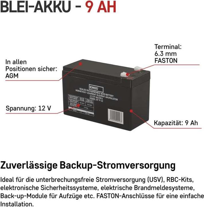 Produktbild Emos Wartungsfreier Blei-Akku 12 V/9 Ah, faston 6,3 mm (12 V, 9 Ah)