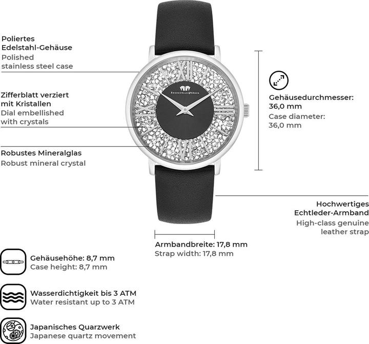 Image du produit Montre à quartz Pamina en cuir véritable noir - 23870 (Montre analogique, 36 mm)