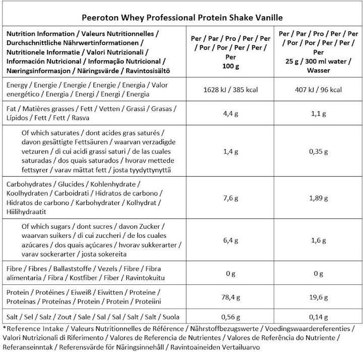 Nährwerte und Zutaten Peeroton Whey Professional Protein Shake (Vanille, 1 Stk., 350 g)