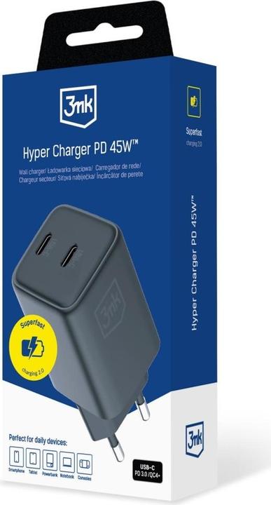 Actual product image 3MK Ładowarka sieciowa Hyper Charger PD 45W GaN QC4+ PPS 2C Super-Fast Charge 2.0 czarny (45 W)