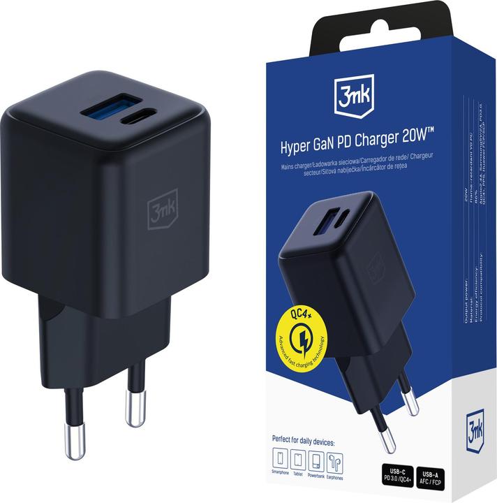 Productafbeelding 3MK Ładowarka sieciowa Hyper GaN Charger 20W 1xUSB-A 1XUSB-C PD QC4+ czarny (20 W)