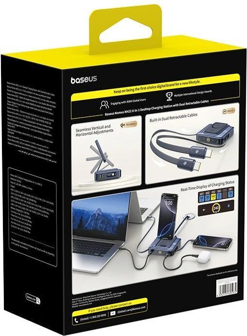 Produktbild Baseus Stacja ładująca Nomos NH21 6w1 245W bezprzewodowa z dwoma zwijanymi kablami USB-C - czarna (245 W, 6 Ports)