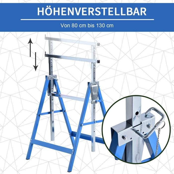 Produktbild Swisshandel24 2 x Gerüstbock Unterstellbock Klappbock höhenverstellbar bis 200kg Stahl Blau 68 x 58 x 80-130 cm (58 cm, 68 cm)