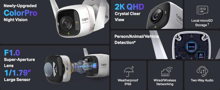 Actual product image TP-Link Tapo C325WB 4MP QHD Outdoor Camera ColourPro MicroSD (2688 x 1520 pixels)