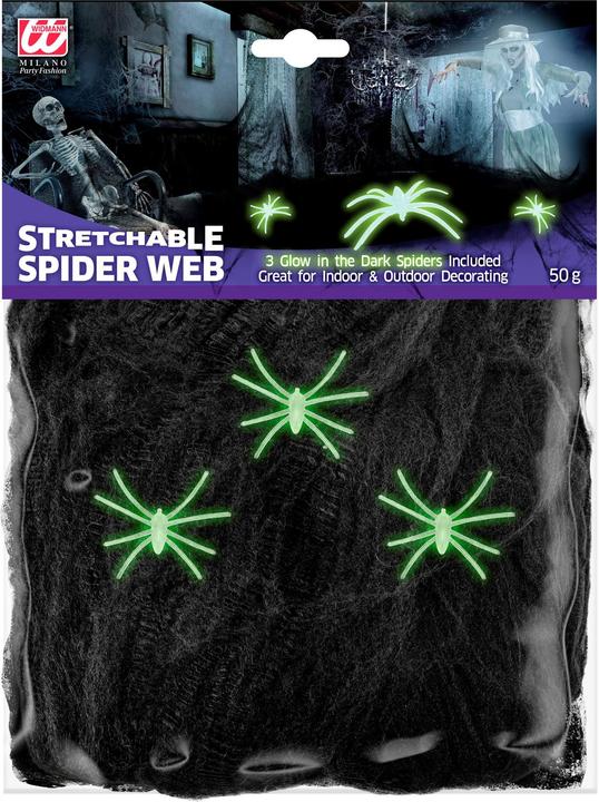 Widmann 50g de toile d'araignée noire avec 3 araignées phosphorescentes (1 pcs)