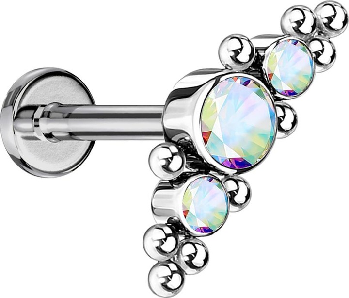 Produktbild Star Piercing Micro Threadless Labret silber mittig mit Kugeln und drei Kristalle multicolor (ohne Messing, Titan G23)