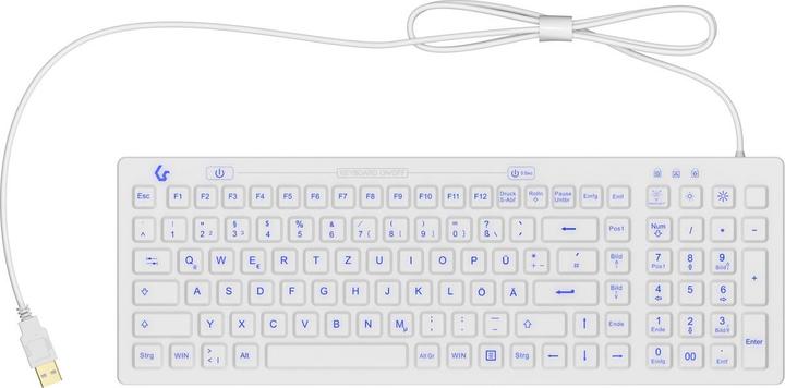 Actual product image KeySonic Industrial keyboard, USB, illuminated, silicone, white, water and dust protected IP68, DE (Germany, Cable)