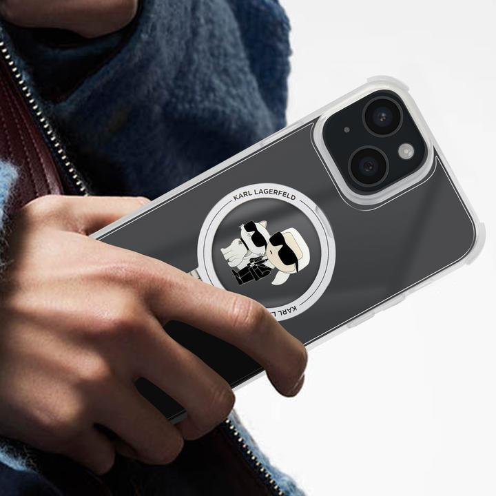 Produktbild Karl Lagerfeld Hülle TPU Ring Stand Karl und Choupette, Transparent Series (Apple iPhone 15 Plus)