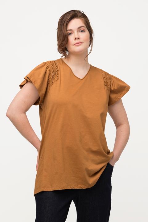 Image du produit Ulla Popken T-shirt à ligne en A en coton bio avec col en V et manches courtes (50, 52)