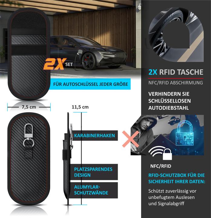 Produktbild Aplic 2x Schlüsseltasche RFID Blocker, Autoschlüssel Schutz, Keyless, Faraday Tasche, 2er Set, NFC