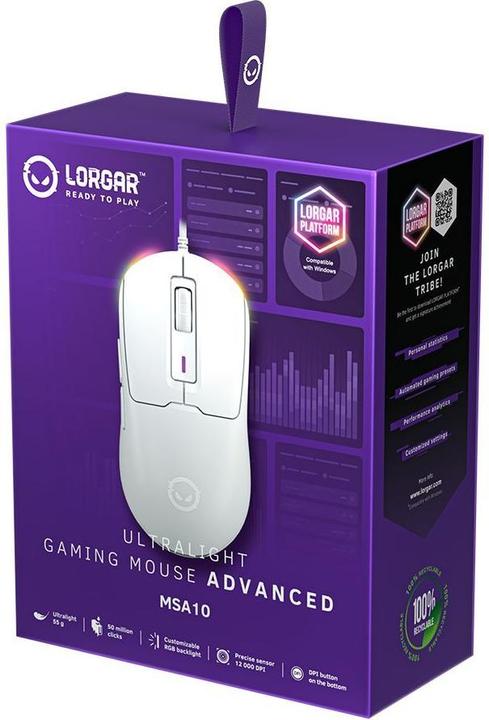 Lorgar Souris d'ordinateur MSA10, Ultralight Wired Gaming Mouse Advanced, blanche
