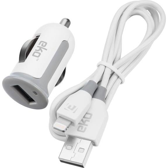 EKO Pack Ladegerät für Zigarettenanzünder 1A mit Lightning MFi-Kabel 1m, Auto Adapter, Weiss