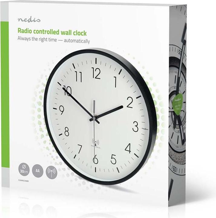 Produktbild Nedis Wanduhr | Durchmesser: 300 mm | Kunststoff | Funkgesteuerte Zeit | Leise Bewegung | Schwarz / (30 cm)