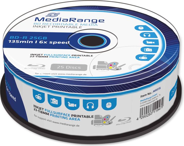 MediaRange BD-R 6x fully printable Cakebox (25 x)