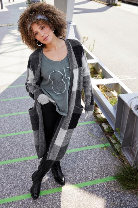 Produktbild Ulla Popken Long-Strickjacke, Karo, offenes Modell, Taschen (50, 52)