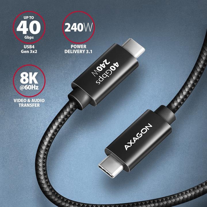 Actual product image Axagon BUCM4X-CM10AB Cable USB-C - USB-C, USB4 Gen 3x2 1m, PD 240W, 8K HD, ALU, oplot Czarny (1 m, USB 3.2 Gen 2x2, 240 W)