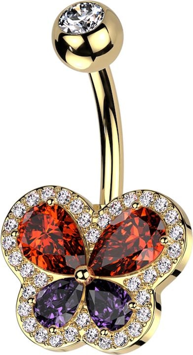 Produktbild Star Piercing Banane vergoldet mit Kugel vergoldet Kristall silber und Schmetterling (Messing, Chirurgenstahl 316L)