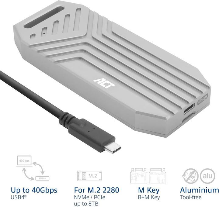 Productafbeelding ACT USB 40Gbps M.2 2280 NVMe / PCIe SSD Enclosure, tool-free (M.2 2280)