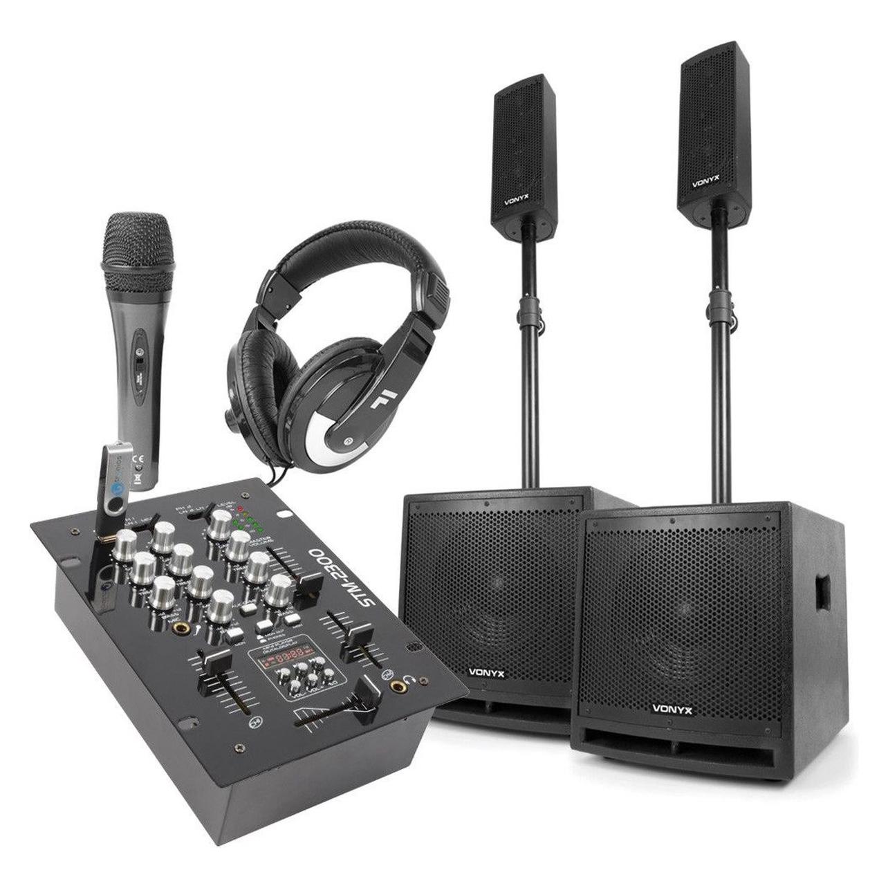 Vonyx 2.2 Dj Speakerset Met Mixer En Gratis Accessoires, Dj Accessoires, Zwart