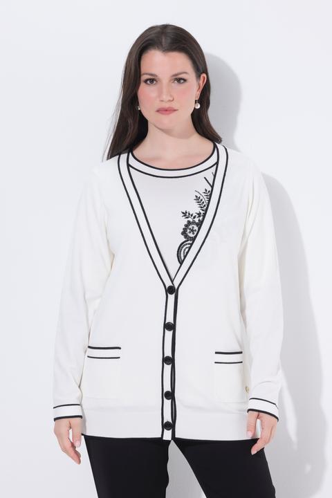 Produktbild Ulla Popken Twinset-Strickjacke, Streifen, V-Ausschnitt, Langarm (60)